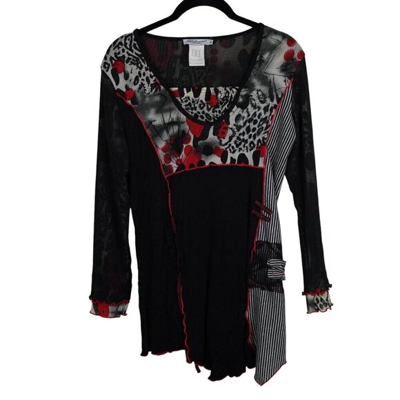 Dzhavael Couture Asymmetrical‎ Patchwork Tunic Top XL Boho Artsy Mesh Sleeve - Picture 1 of 9